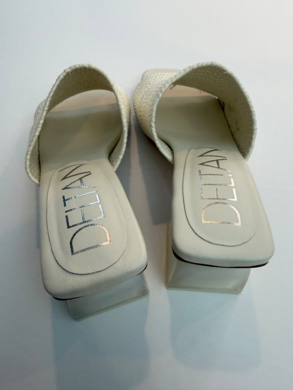 Deltan Fae Raffia Stretch Woven Sandals Block Heel White Wedding Bridal Size 6.5 - Picture 4 of 9